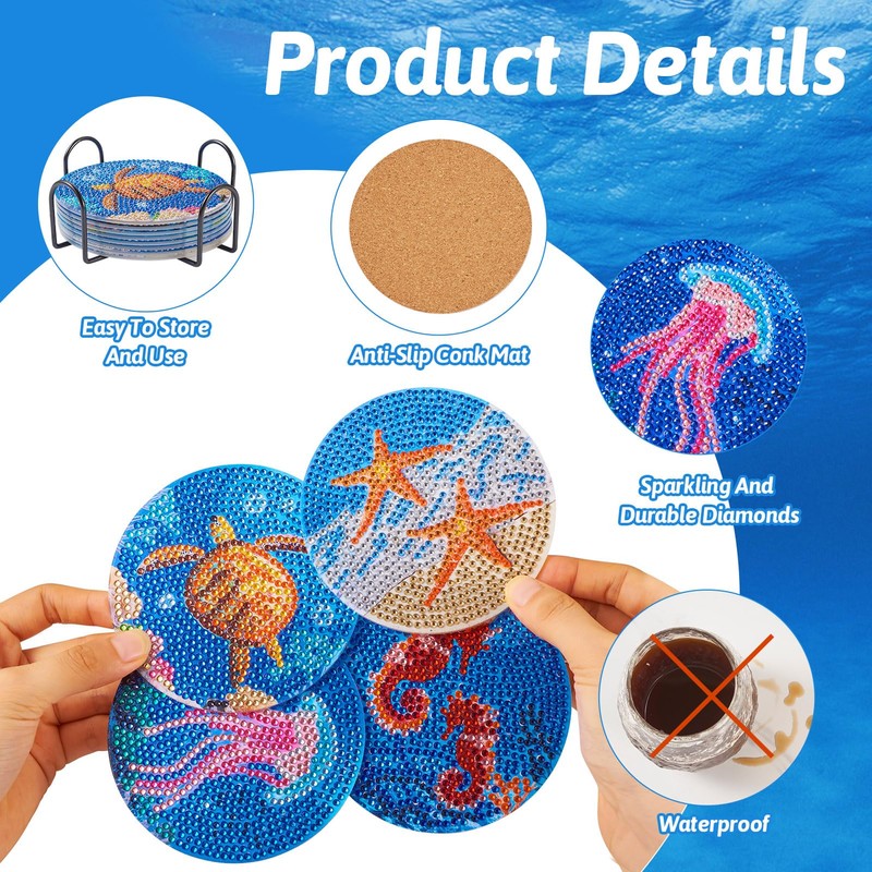 Beadthoven 8 Pieces Diamond Painting Coasters with Holder, Nightfall Ocean