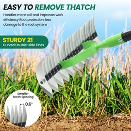 50” Thatch Rake Dethatcher Rakes for Lawns, Heavy Duty 21 Curved Double-Side Sharp Steel Tines Yard Garden Rake with Adjustable Handle for Dead Grass, Leaves, Loosening Soil