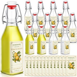 Havawish 12 Sets Limoncello Swing Top Glass Bottles for Homemade 8 oz Flip Clear Top Lemoncello Bottles with Labels Stoppers for Home Brewing Gifts Wedding Baby Shower Party Favors(Square)