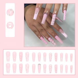 Mkwntg Pink Press on Nails Long Square Fake Nails Cute Pink French Tip Full Cover Coffin False Nails Glossy Long Ballerina Glue on Nails with Rhinestones Designs for Women Acrylic Nails Decor 24Pcs