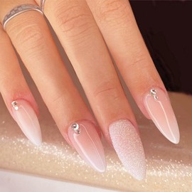 French Tip Press on Nails Long Stiletto Fake Nails with Rhinestones Design Full Cover Artificial on Nails Glossy Almond False Nails Stick on Nails for Women Girls Salon Nail Decoration Accessories