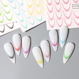 TailaiMei French Line Nail Stickers, 8 Sheets Water Transfer Colorful Self-Adhesive Nail Art Decals for DIY Nail Decorations (516)