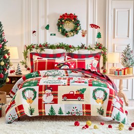 Christmas Duvet Cover Set Queen Size, Snowman Snowflake Deer Patchwork Plaid Xmas Holiday Pattern Design, Soft Microfiber Duvet Cover with Zipper Closure, Includes 1 Duvet Cover and 2 Pillow Shams