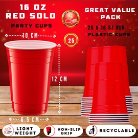 AmazCups Red Disposable Party Cups -16oz Large Red Plastic Cups and Ping Pong Balls,Solo Cups,Strong and Sturdy Red Cups Party for Birthday Supplies,Picnics,BBQ,DIY (25 Pack)