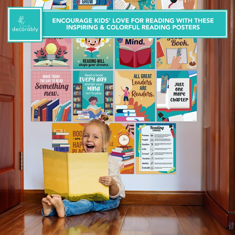 Decorably 15 Reading Posters for Classroom, Library Posters, 11x14in
