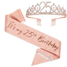 BRT Bearingshui 25th Birthday Sash and Tiara for Women, Rose Gold Crown & Fabulous Sash for 25th Birthday, Gifts for Happy Birthday Party Favor Supplies