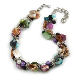 Avalaya Exquisite Faux Pearl & Shell Composite Silver Tone Link Necklace (Multicoloured)
