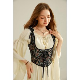 SCARLET DARKNESS Women's Renaissance Corset Scoop Neck Lace-up Corset Top Floral Print Bustier, Black-colourful flowers