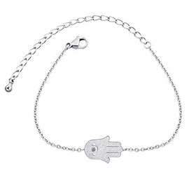 Stainless Steel Silver Rose Gold Link Chain Hand of Fatima Bracelet Anklet Hamsa Jewelry for Women-Silver