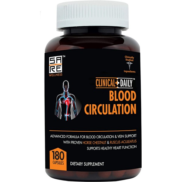 CLINICAL DAILY Blood Circulation Supplement. Herbal Varicose Vein Treatment, Spider Veins. High Blood Pressure, Cholesterol Support - Horse Chestnut Extract, L Arginine, Diosmin, Cayenne. 180 Capsules