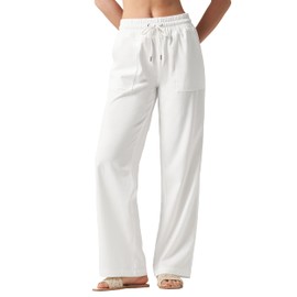 AVICHIC Women Linen Pants Wide Leg Palazzo Pants Cotton Linen Drawstring Summer Pants with Pockets White XXL 29"