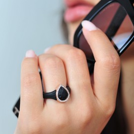 Rinfit Womens Silicone Wedding Ring - Anniversary Ring Women - Pear Promise Rings for Her with Cubic Zirconia - Black/Rose Gold Stones, Size 7