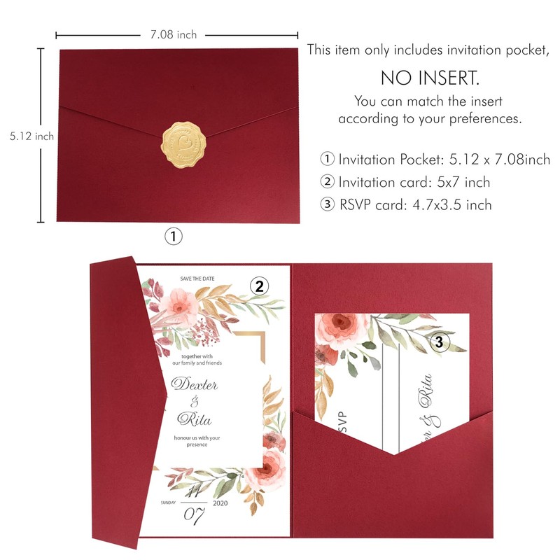 20 PCS Burgundy Tri-fold Laser Cut Wedding Invitation Pockets for