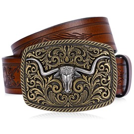 BISON DENIM Western Cowboy Leather Belt-Men's Belt Longhorn Cow Bucklehead Pattern Printed Belt Fits Jeans 31“ to 47” Waist