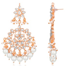 Aheli Rose Gold Plated Kundan & Beads Studded Dangle Earrings Ethnic Jewellery for Women