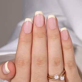 WAFOLOZE Light Yellow French Tip Press On Nails - Square Short Fake Nails, Glue On Nails Short, Artificial Nails 16 Sizes - 32Pcs Reusable Soft Gel False Nails Tips Kit, Stick On Nails for Women