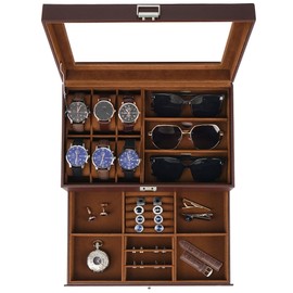 Jenseits Watch Organizer & Jewelry Box for Men – 6 Watch Slots, 3 Sunglass Slots, Drawer for Rings, Bracelets & Cufflinks, 2-Layer Leather Watch Display Case w/Glass Lid, Gift for Men & Women, Brown