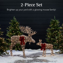 Best Choice Products 2-Piece Moose Family, Lighted Outdoor All-Weather Christmas Yard Decoration Light-Up Décor Set w/ 170 LED Lights, Ground Stakes, Zip Ties - Rattan