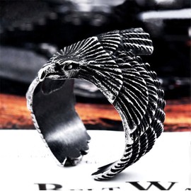 SINLEO Freedom Vintage Silver Black American US Eagle Stainless Steel Men Ring Gothic Biker Band Size 9
