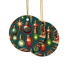 DistinctInk Hanging Ceramic Christmas Tree Ornament with Gold String - Great Gift/Present - 2 3/4 inch Diameter - Vintage Christmas Nostalgia