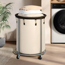 STO STO Industrial Sized Laundry Hamper with Wheels, Commercial 48 Gallons (185L) Extra Large Laundry Cart with Removable Bag, Round Laundry Basket Sorter for Laundry, Bedroom, Hotel, Beige and Brown