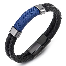 COOLSTEELANDBEYOND Men's Black Blue Braided Leather Bracelet Bangle, Stylish Double-Layer Design, Stainless Steel Clasp, Length 8.27", Width 0.43", Black and Blue Leather, no gemstone
