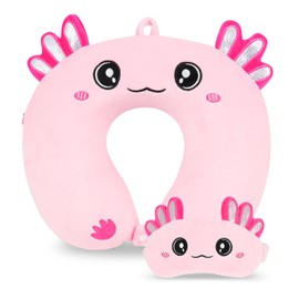 Travel Pillow, Kids Travel Pillow with Sleep Eye Mask Soft Memory Foam Kids Neck Pillow for Boys & Girls, Travel Accessories for Car Airplane Traveling - Axolotl