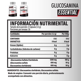 Glucosamina Essential 1200 mg Flexibilidad, Salud Articular y Ligamentos. Mantén un estilo de vida activo y saludable. Frasco con 60 cápsulas COMBO 2 UNIDADES