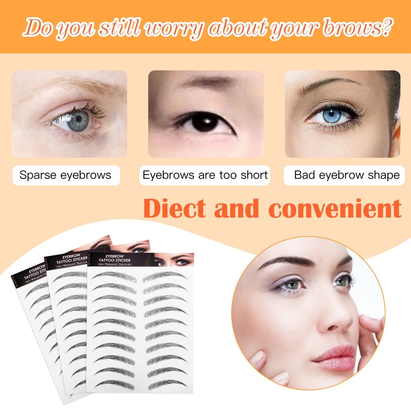 MWOOT 4D Hair-like Eyebrow Tattoo Stickers, 6 Sheets Waterproof Eyebrow