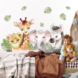 DECOWALL SG2-2410 Watercolour Jungle Animals Wall Stickers Bed Head Decorations Baby Room Playroom Classroom Peel and Stick Removable for Nursery Bedroom Living Room Art murals Forest
