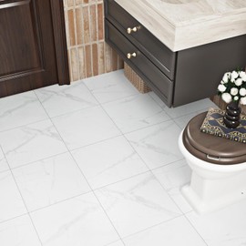 WESTICK Marble White Peel and Stick Floor Tile Waterproof Vinyl Tiles Peel and Stick Floor 12" x 12" Removable Stick on Floor Tiles for Bathroom Bedroom Kitchen Flooring Living Room Gym 5 PCS