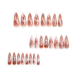 Fall Press on Nails Long Almond Fake Nails Ombre Brown False Nails with Y2k Design Glue on Nails Stiletto Acrylic Nails Maillard Artificial Nails Full Cover Stick on Nails for Women Manicure 24Pcs