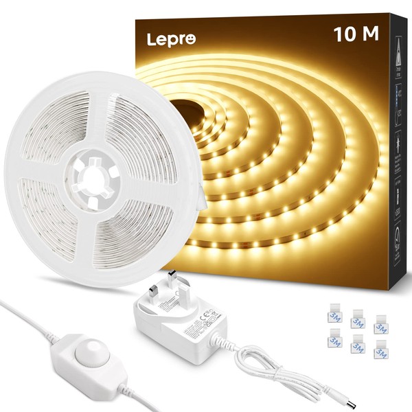 Lepro Warm White LED Strip Light 10M, 2000lm 3000K Dimmable LED Tape, Stick-on Plug in LED Light for Kitchen Bedroom Wardrobe (24V Power Plug and Dimmer Switch Included)