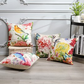 OTOSTAR Pack of 4 Waterproof Outdoor Throw Pillow Covers 18x18 Inch Linen Flowers Bird Decorative Pillow Covers Square Cushion Case Garden Pillowcase for Patio Furniture Couch Tent (Flowers and Birds)
