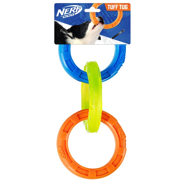 Nerf Dog Rubber 3-Ring Tug Dog Toy, Lightweight, Durable and Water Resistant, 10.5 Inches, for Medium/Large Breeds, Single Unit, Blue/Green/Orange
