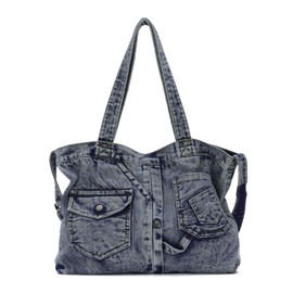 EVEOUT Denim Tote Bag for Women Large Capacity Jean Hobo Shoulder Bag for Work Travel College Denim Crossbody Bag
