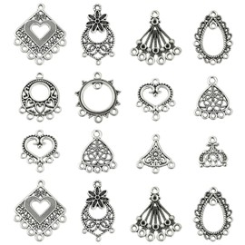 Ornazy 60pcs 10 Styles Assorted Chandelier Connector Charms - Antique Silver Heart Rhombus Fan & Vintage Dangle Earrings Charms for Jewellery Making