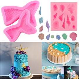 Fondant Cake Moulds, 3 Pieces Mermaid Tail Seashell Cake Fondant Mold Cake Decoration Baking Molds (B)