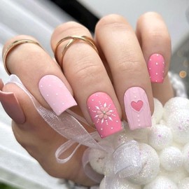 Christmas Press on Nails Medium Square Fake Nails with Heart Snowflake Designs Pink Nails Press ons Matte Glue on Nails Cute Acrylic Nails Winter Artificial Stick on Nails for Women 24Pcs