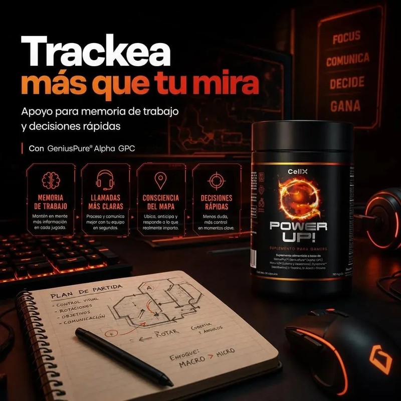 CellX Power Up Nootrópico Gamer Alfa-GPC GeniusPure Dynamine Macu-LZ L-Teanina