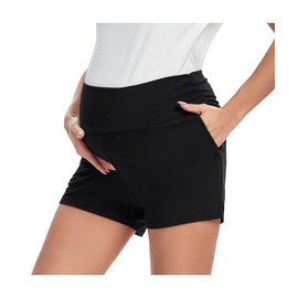 Shen&Qege Women's Maternity Shorts Lounge Stretchy Yoga Pregnancy Shorts High Waist Elastic with Pockets (Black 1, L)