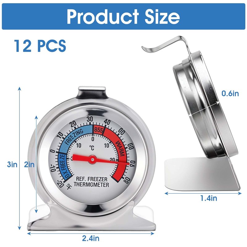 12 Pack Stainless Steel Refrigerator Freezer Thermometer Large Dial Analog