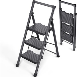 KINGRACK Step Ladder 3 Step Folding, 900lbs 3 Step Ladder with Non-Skid Wide Pedal and Handrails, Lightwight Household Ladder, Sturdy Step Stool, for Your Kitchen, Closets, Office Use, Garage, Black