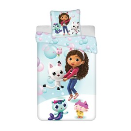 Jerry Fabrics Gabby et la Maison Magique Bedding Set, Reversible Duvet Cover 140 x 200 cm + Pillowcase 65 x 65 cm, with Pandy Paws, Baby Box, Navy and Fairy Minette