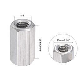 sourcing map M8 x 1.25-Pitch 25mm Length 304 Stainless Steel Metric Hex Coupling Nut, 2-Pack