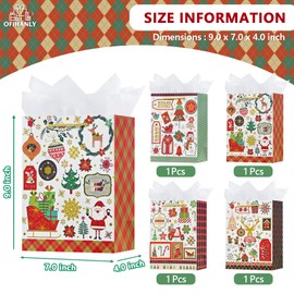 OFIHANLY 4 Pack 9" Small Size Christmas Gift Bags with Handles for Xmas Holiday Presents Vintage Color&Gold Cute Paper Wrapping Bag with Tissue Paper for Kids