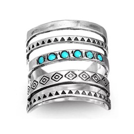 CUSIOALQQ Vintage Sterling Silver Turquoise Ring Faux Carve Dainty Retro Blue Turquoise Ring for Women, Boho Turquoise Hip Hop Statement Ring Fashion Bohemian Totem Ethnic Female Jewelry Gift Q