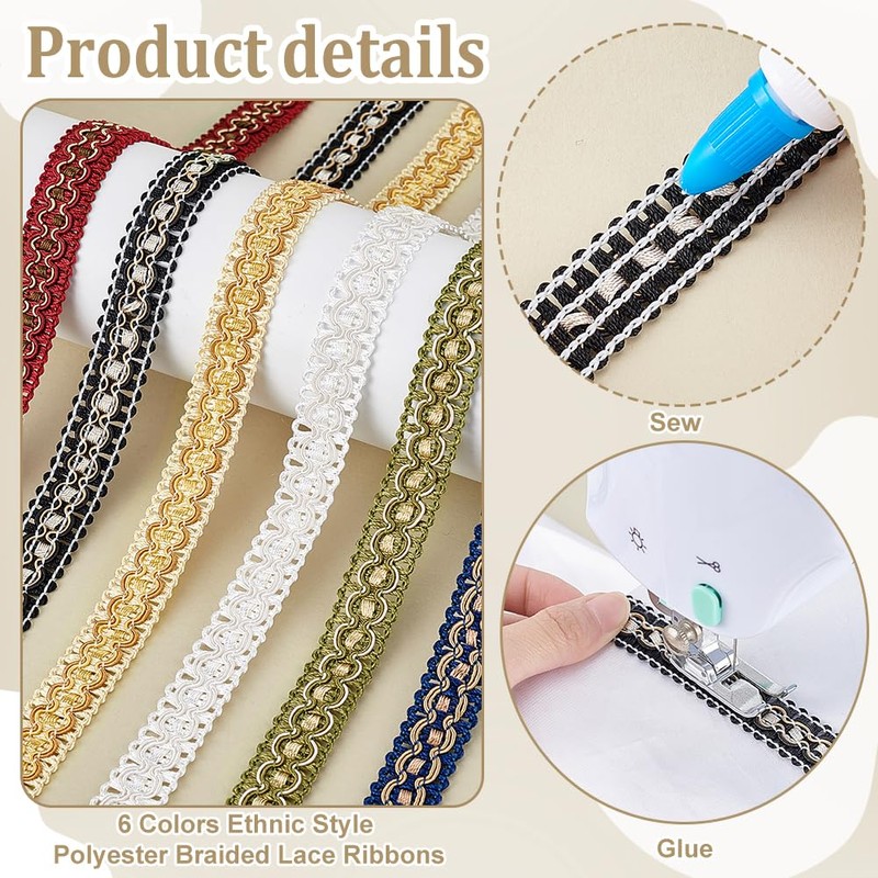 PH PandaHall 12 Yards 6 Colours Gimp Braid Trim, 3/4