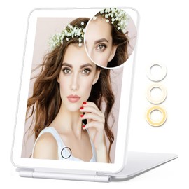 Espejo de tocador de viaje recargable con 72 luces LED, espejo de belleza iluminado portátil, iluminación de 3 colores, pantalla táctil regulable, con 10 lupas, pequeño espejo redondo en blanco