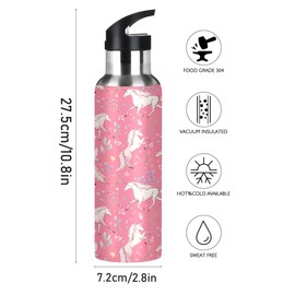 Stainless Steel Water Bottle with Straw, Watercolor Unicorn Insulated Drink Flask Sports Water Bottle for Kids Adults, Leakproof, 600ml